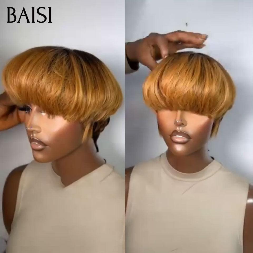 BAISI Perruque Pixie avec frontal finger wave 55€ ou Lisse en couleur miel 4T27# 88€ moitié prix sans colle sans lace 100% Cheveux Humains Fabriqué à la Machine MP50