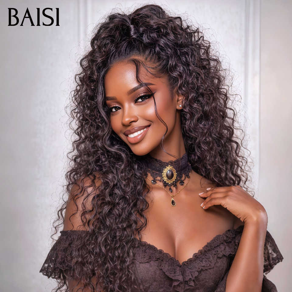 BAISI 13X4 Lace Peruca Deep Wave com Coque de Tranças na Cor PRETO em 100% Cabelo Humano