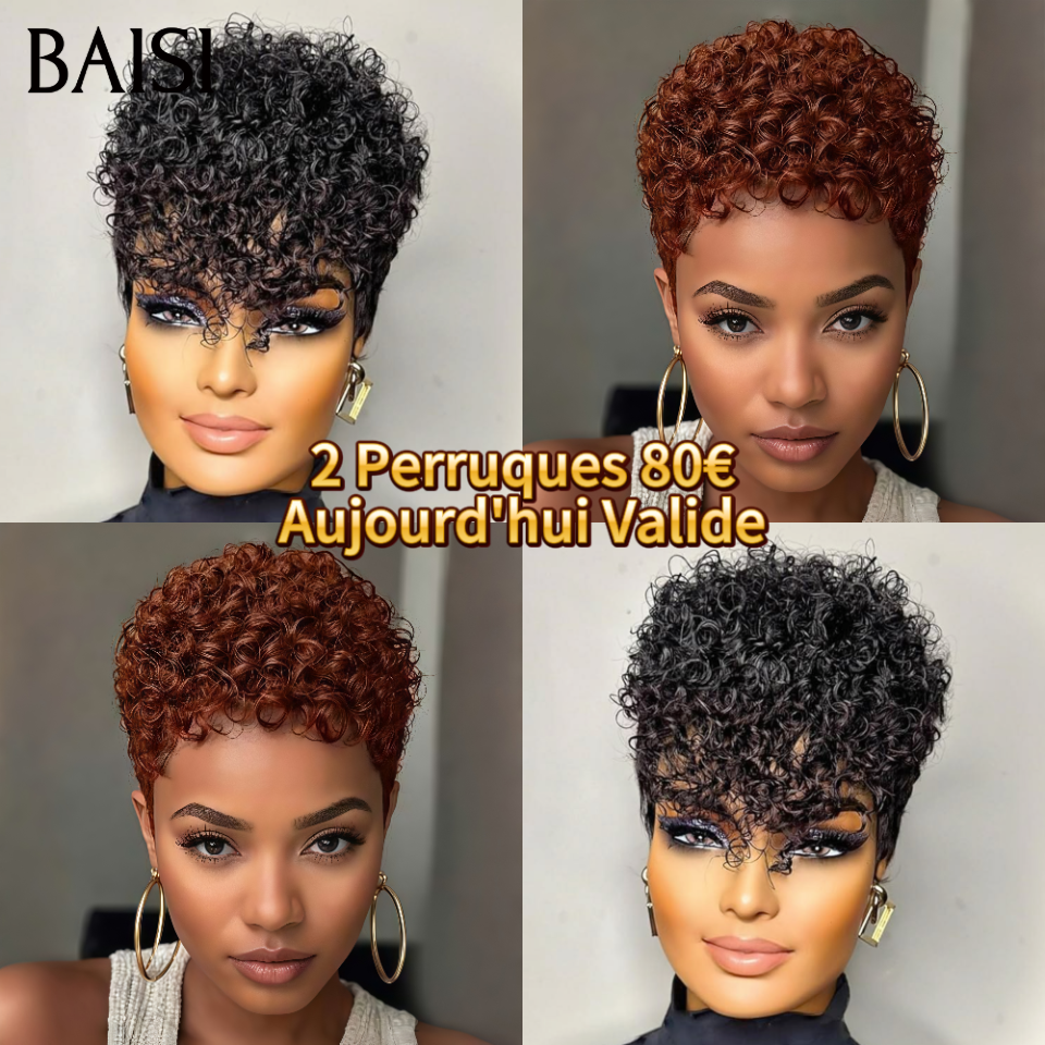 BAISI PROMO Maintenant 2 perruques 80€ Perruques pixie Version stylisée afro curly 2 couleurs en 100% vrais cheveux humains