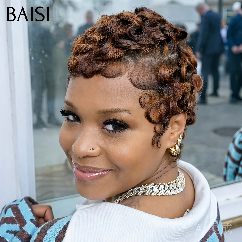 BAISI Pixie Finger Wave Wig Small Machine Made in Orange Color 350# €59 6 Inches In 100% Human Hair MP50