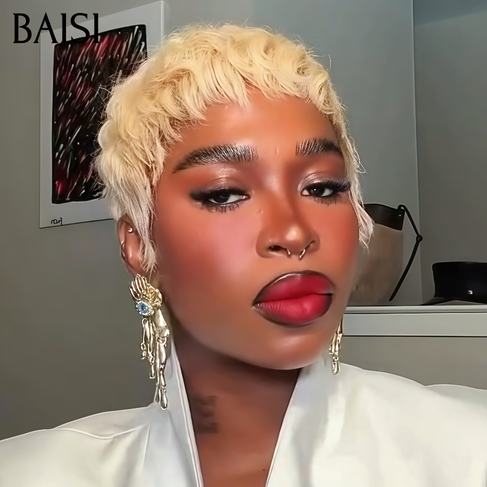 BAISI Achetez 2 perruques minimum au prix d'usine fournisseur pixie sans Colle blonde ou 13X4 perruque bob lisse en couleur #4#613 Pré-plucked Pas Besoin de Colle en 100% Raw Hair Lace déjà couper