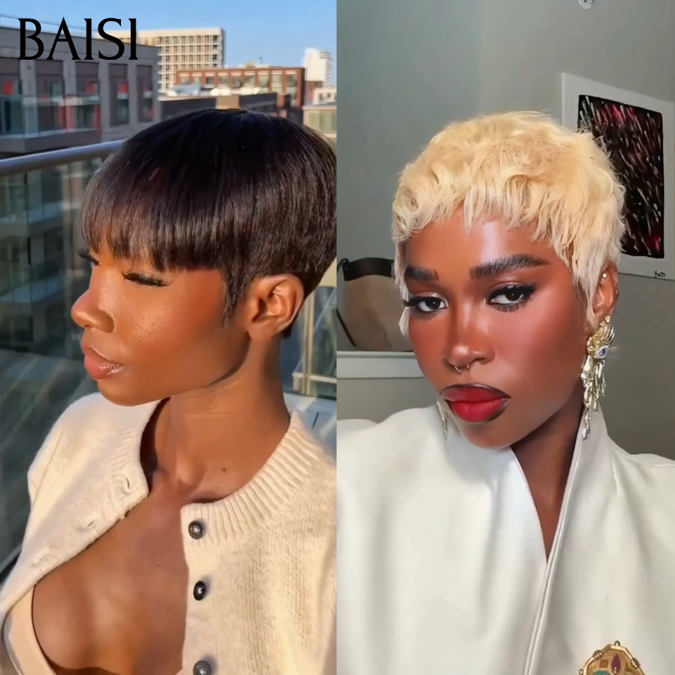 BAISI Perruque pixie Coupe Noir 40€ ou Coupe Blonde 85€ Sans Colle Fabriqué à la Machine en 100% Cheveux Humains