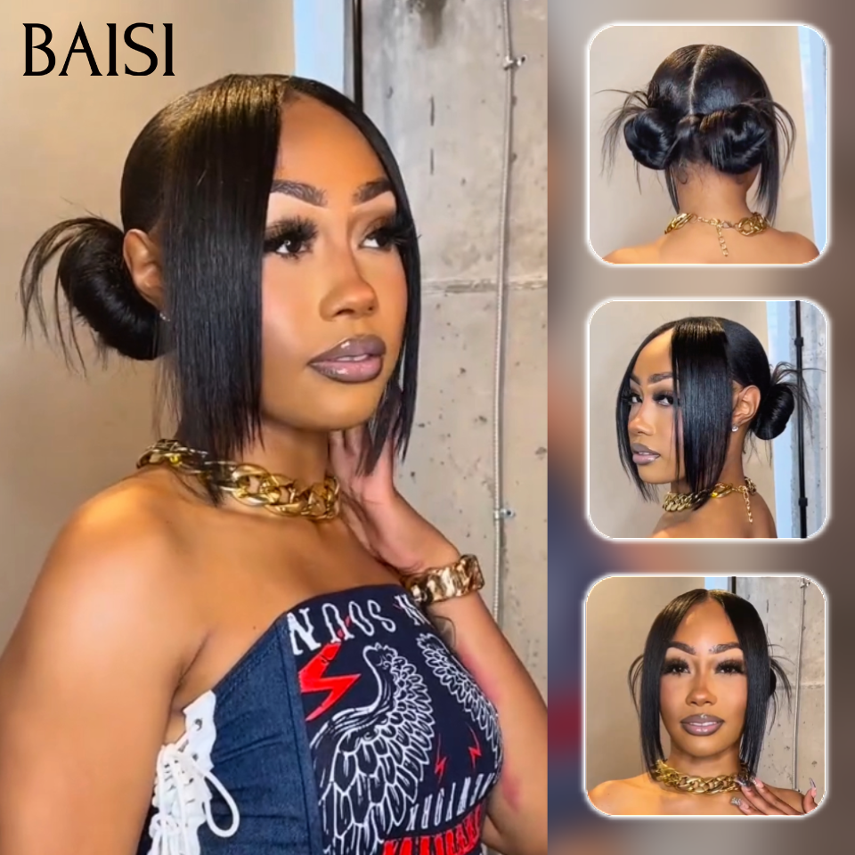 BAISI 13X4 Perruque Lisse Déjà Coiffée 85€ 10 Pouces en Couleur Pré-plucked Pas Besoin de Colle en 100% Raw Hair Lace déjà couper