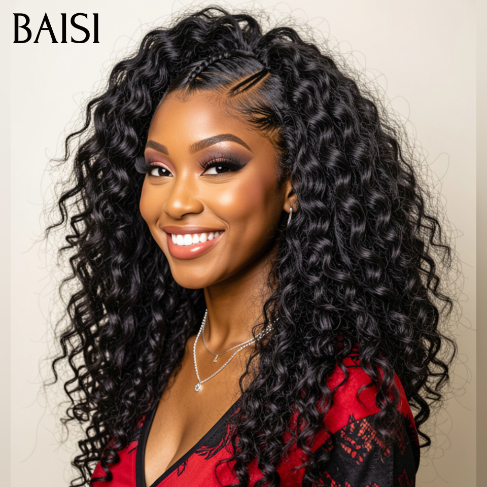 BAISI 13x4 Lace Frontal Perruque deep wave en couleur noir avec coiffure tressée natte en 100% Cheveux Humains code: FR38