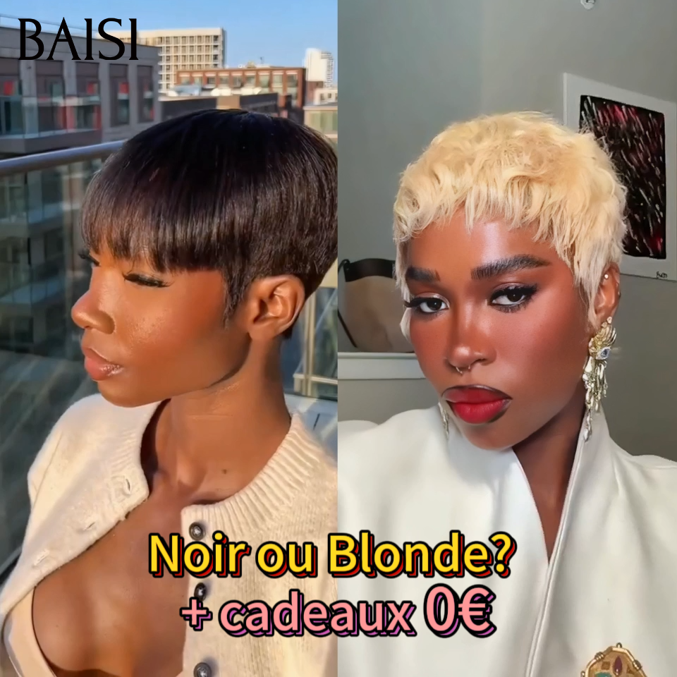 BAISI Perruque pixie Coupe Noir 40€ ou Coupe Blonde 85€ Sans Colle Fabriqué à la Machine en 100% Cheveux Humains