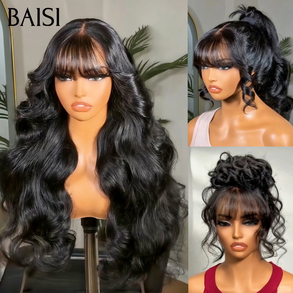 Nouveau produit Moitié prix 13x4 lace frontal Perruque Body wave avec Frange PROMO 1 perruque avec 3 coiffure en couleur NOIR en 100% Cheveux Humains