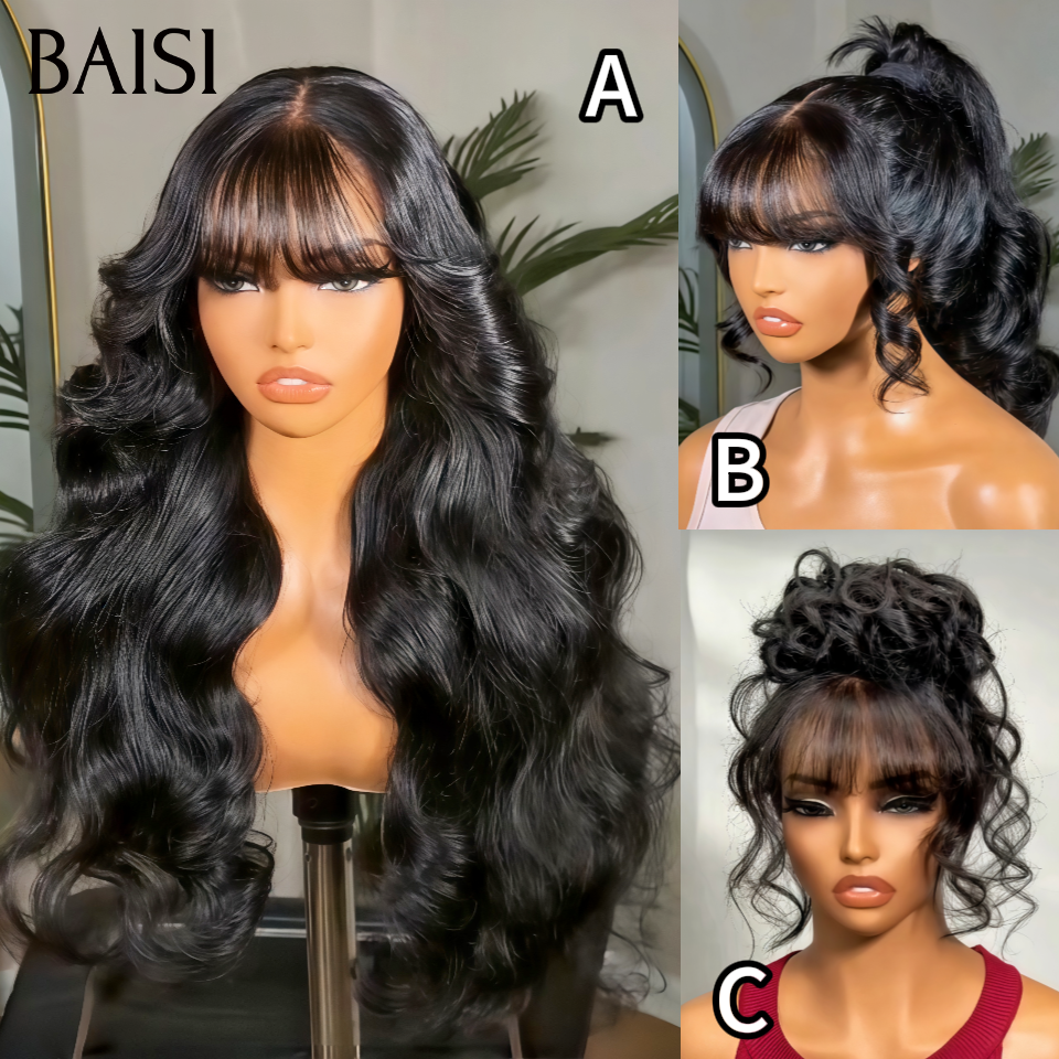 Nouveau produit Moitié prix 13x4 lace frontal Perruque Body wave avec Frange PROMO 1 perruque avec 3 coiffure en couleur NOIR en 100% Cheveux Humains