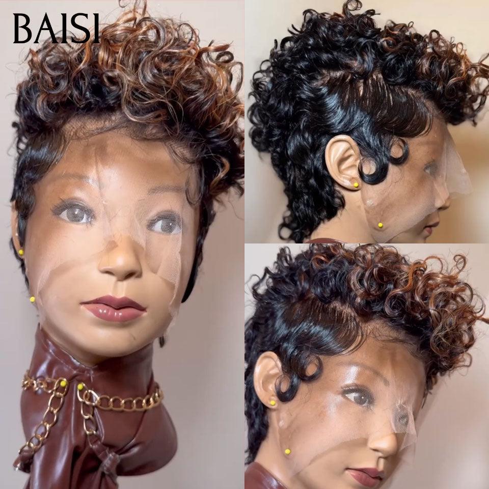 BAISI Wavy Wig Pixie Cut Full Lace Finger Wave small cut in Black Color in 100% human hair BS50
