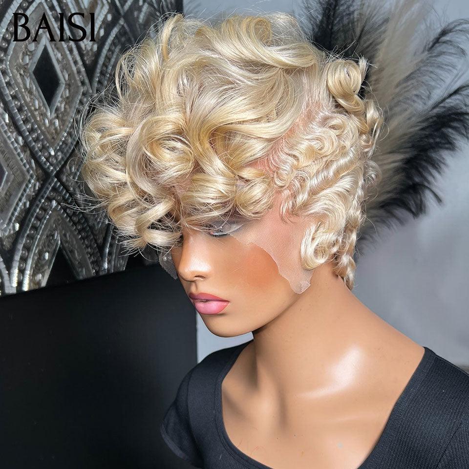 BAISI Perruque Full Lace 100% Cheveux Naturels Full Lace Perruque Pixie Naturelle Wave petite coupe en Couleur blonde 613# en 100% cheveux humains BS60