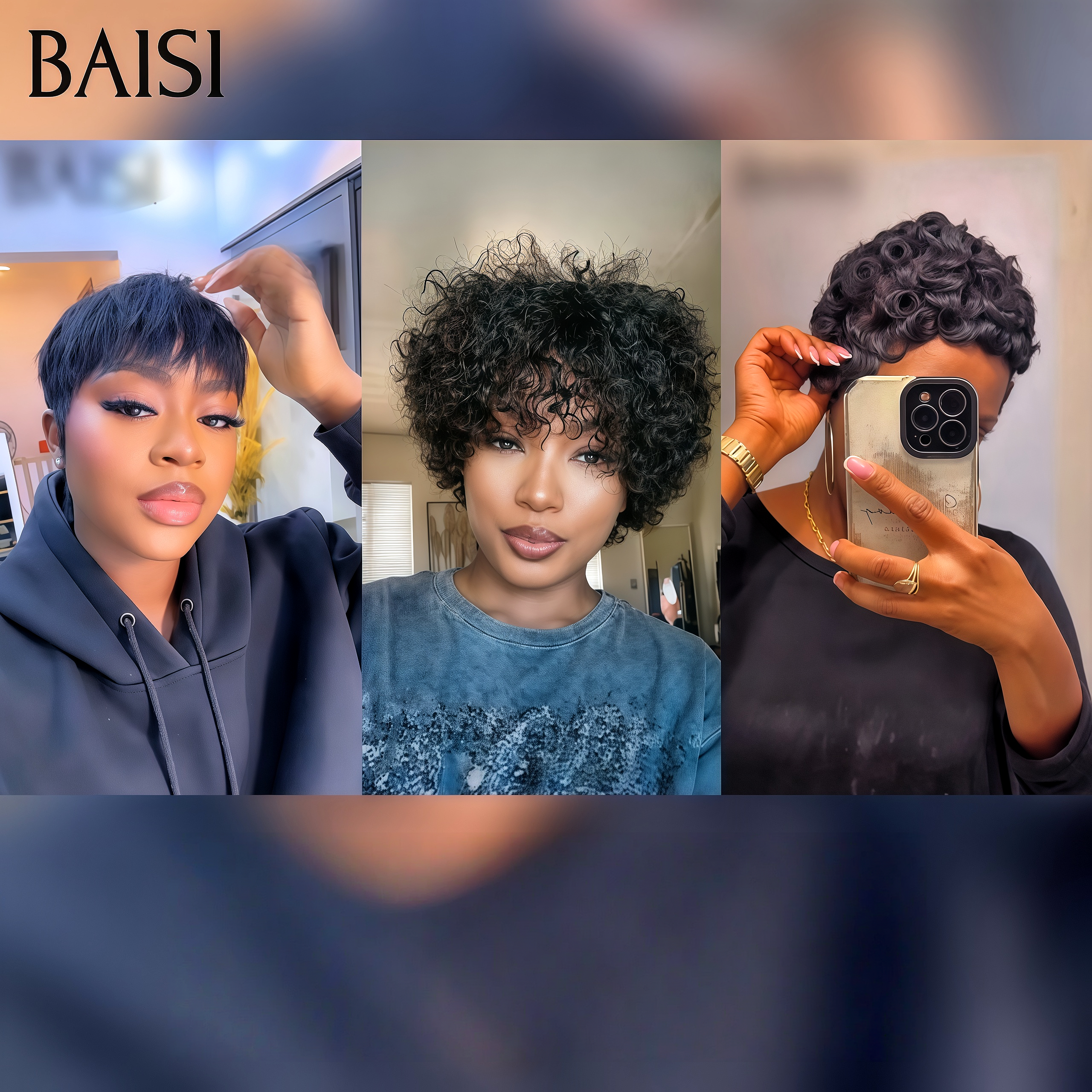 BAISI HAIR FR 3 Perruques 76€ pixie sans colle sans lace En 100% Cheveux Humains
