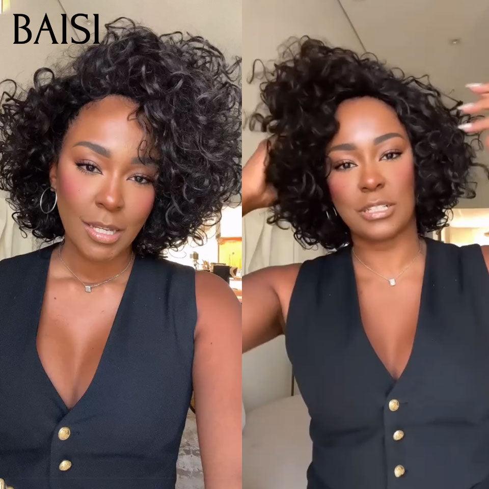 BAISI Promo sans Colle pixie curl 55€ ou 86€ 10 Pouces Perruque Bouclée Water Wave Sans Lace Sans Colle en 100% Cheveux Humains Fabriqué à la Machine