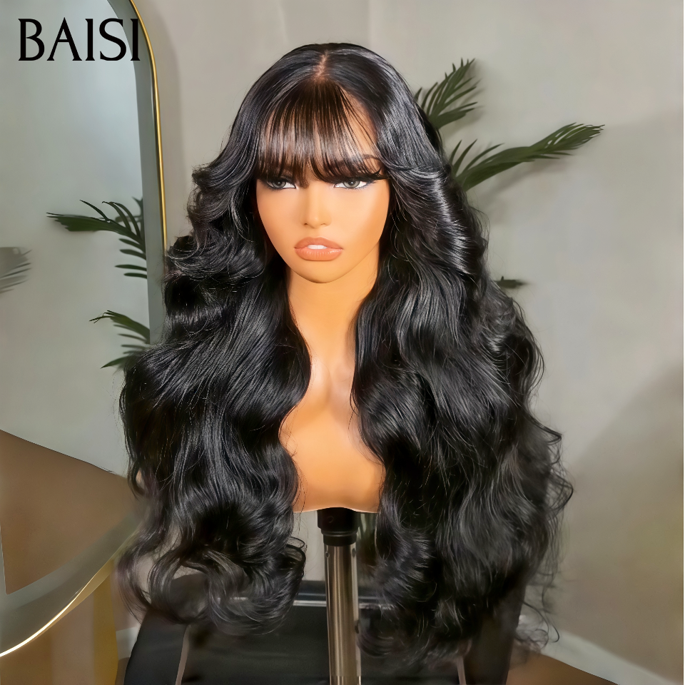 Nouveau produit Moitié prix 13x4 lace frontal Perruque Body wave avec Frange PROMO 1 perruque avec 3 coiffure en couleur NOIR en 100% Cheveux Humains