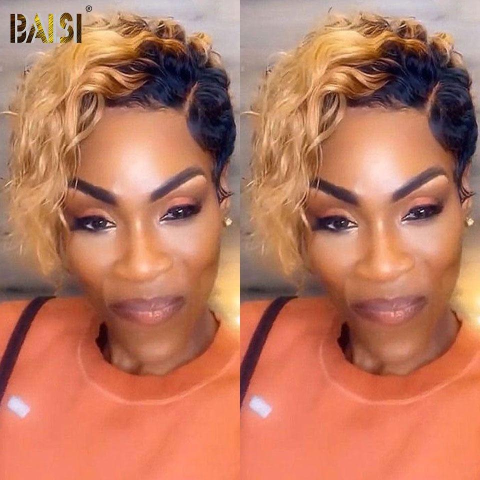 BAISI bouclé Wave avec Frange sans Colle 66€ ou 5X5 Perruque pixie Vague curly En Couleur Noir et Miel 1B-27# 95.99€ en 100% Cheveux Humains