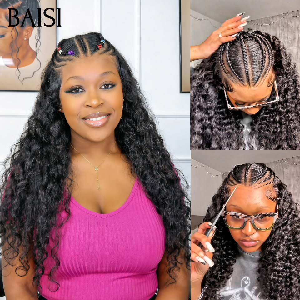 Prêt-à-porter 13x4 lace frontal Perruque Coiffée curly wave avec coiffure tressée natte Nouveau produit en 100% Cheveux Humains