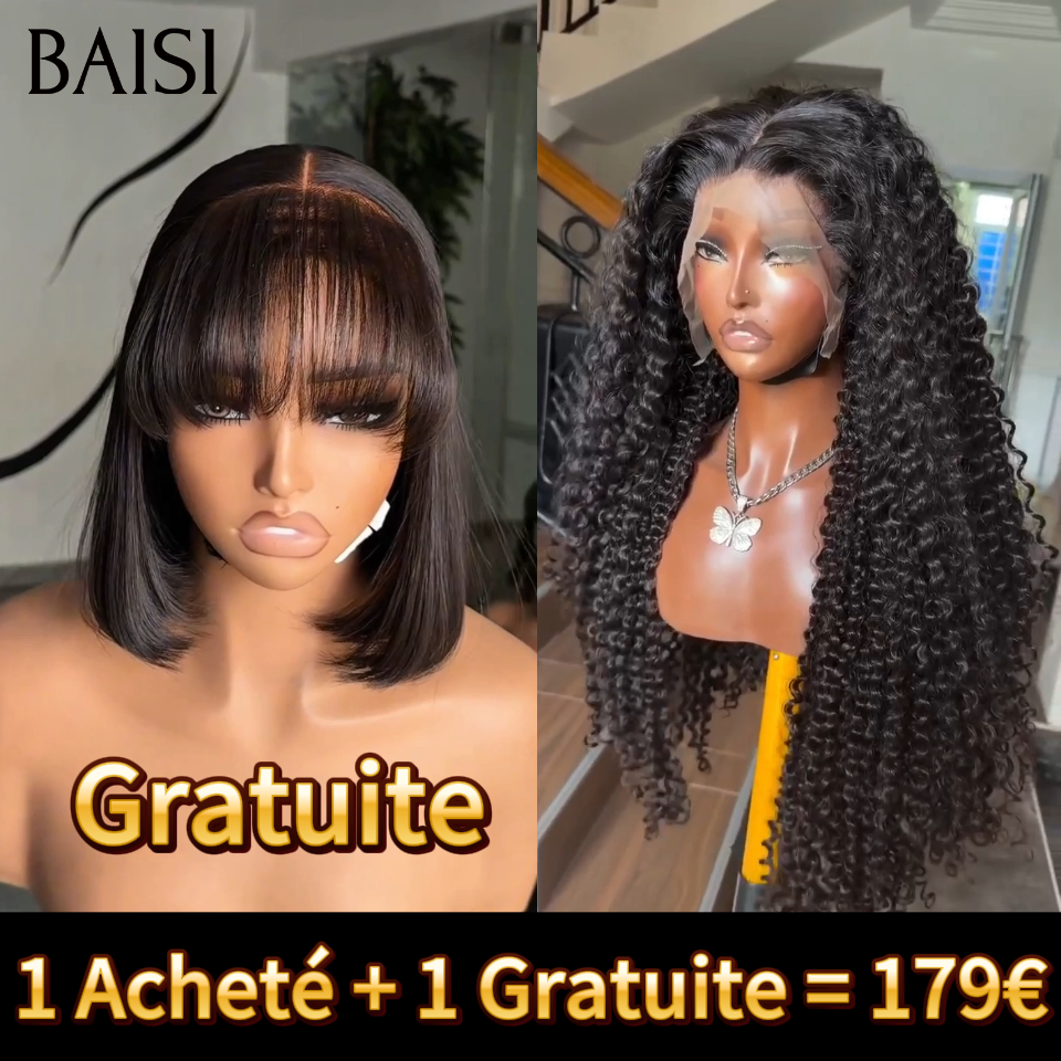 BAISI HAIR FR Peruca 1 Comprada + 1 Grátis = 179€ 2x4 liso bob com franja e 13x4 onda encaracolada 22 polegadas Venda por grosso 100% cabelo humano