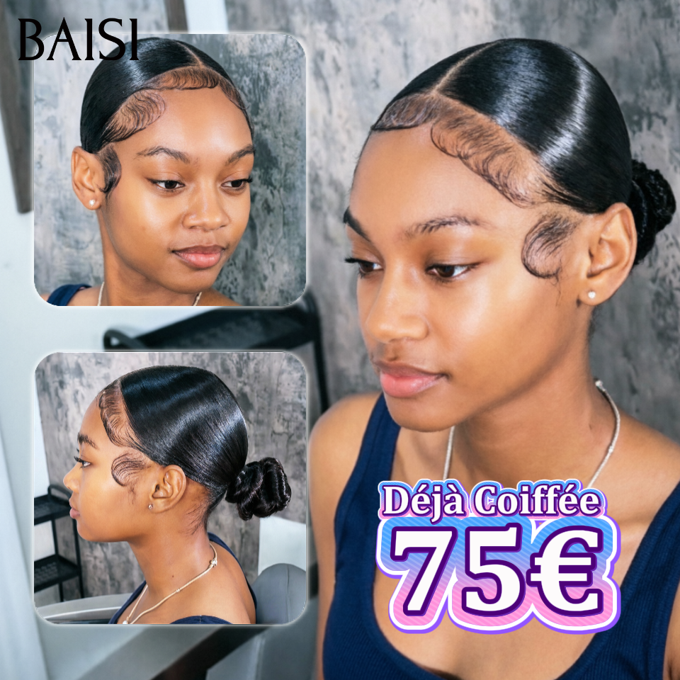 Nouveau produit Déjà Coiffée 13x4 lace frontal Perruque Coiffée Lisse 75€ avec Chignon de nattes en 100% Cheveux Humains
