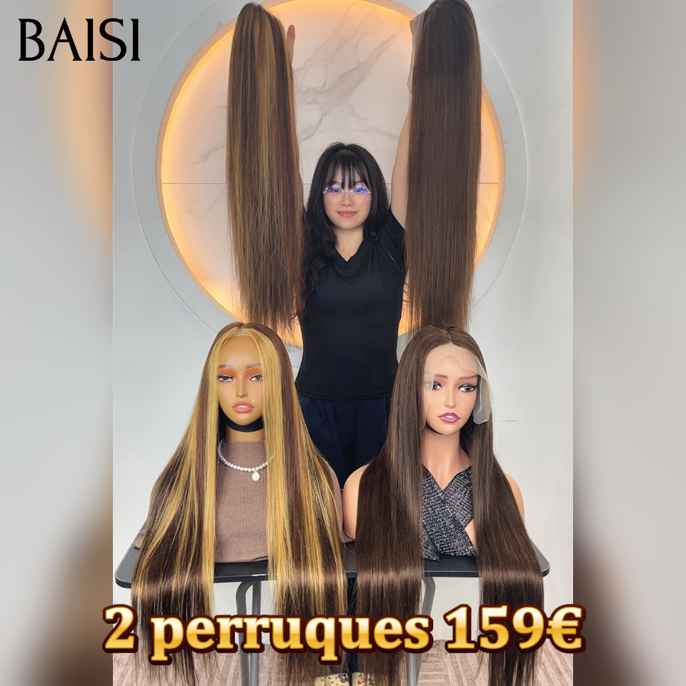 BAISI pour revendre 2 perruques 159€ 18 Pouces Raw hair 13x4 lace frontal Lisse marron et marron mixte miel en 100% vrais cheveux humains