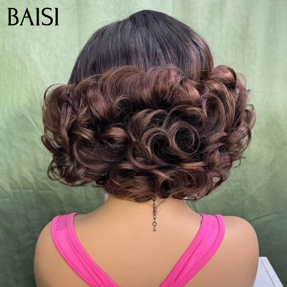 BAISI 4X4 lace Perruque Bouclée Egg Wave Couleurs Marron 1BT4# 12 Pouces 250% Densité en 100% Cheveux Humains F-025