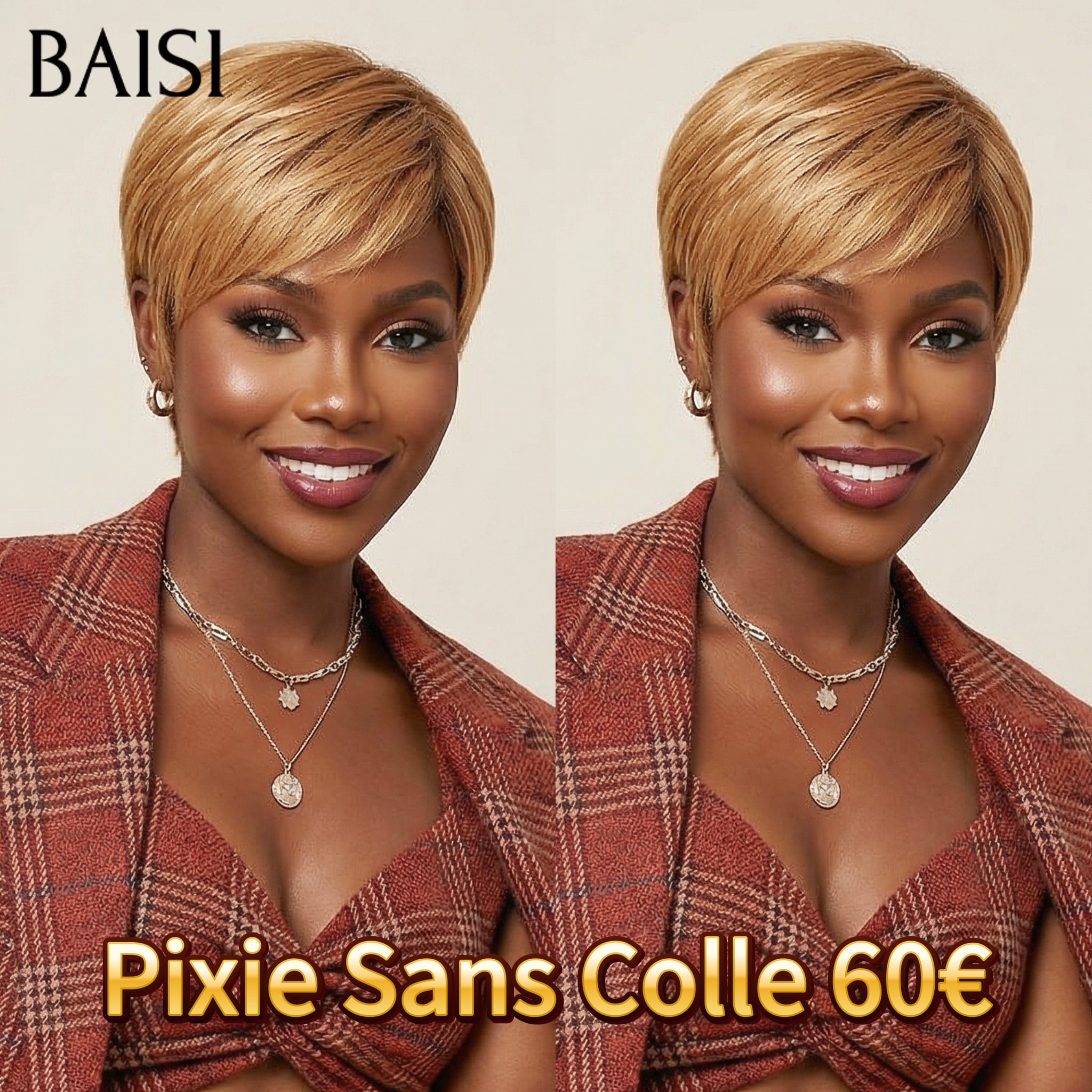 BAISI Perruque Pixie Lisse Miel 60€ ou Correspondance spéciale des couleurs en 100% Cheveux Humains