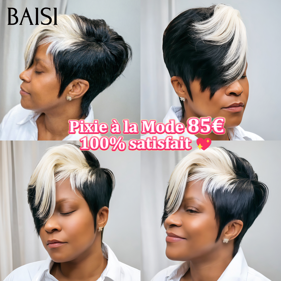 BAISI Perruque Pixie à la Mode 85€ Lisse Noir et blanc sans Colle Fabriqué à la Machine Moitié Prix Facile à porter en 100% Cheveux Humains