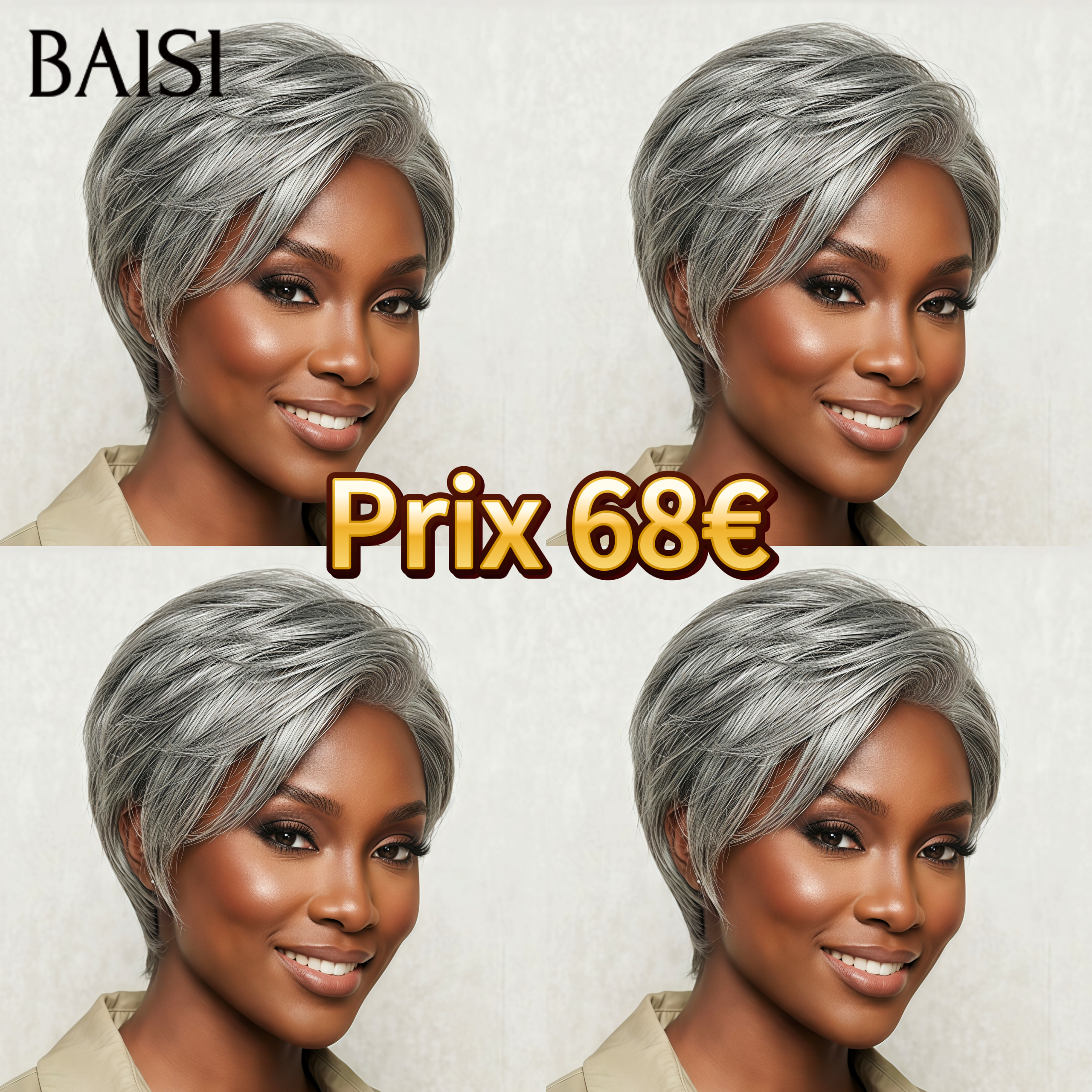 Perruques Poivre et Sel Perruque pixie Lisse gris sans Colle 68€ Fabriqué à la Machine Facile à porter en 100% Cheveux Humains