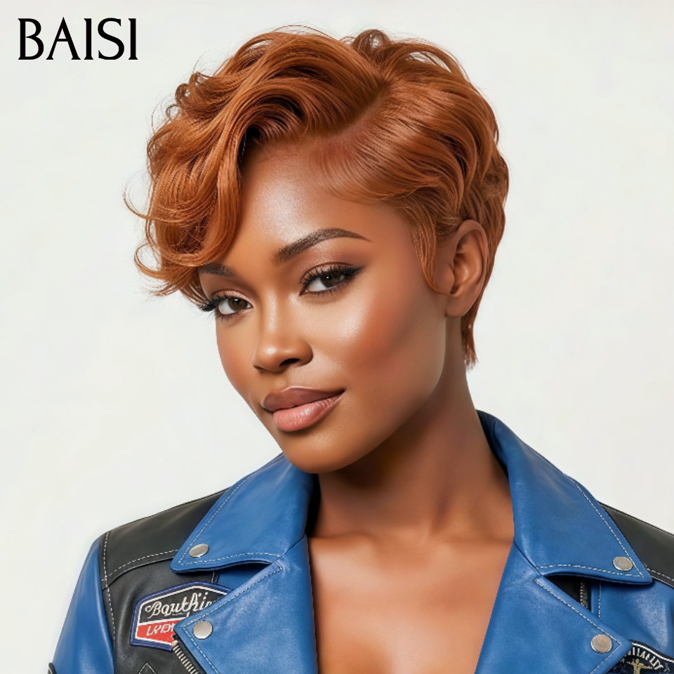 BAISI 13X4 lace perruque pixie lisse ou afro curl en Couleur Marron Mix miel 4#27# F-905 en 100% Vrais Cheveux Humains