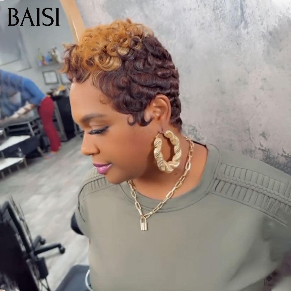 BAISI Perruque Pixie finger wave en couleur NOIR 48€ ou 4/27# 75€ sans colle sans lace 100% Cheveux Humains Fabriqué à la Machine BS60