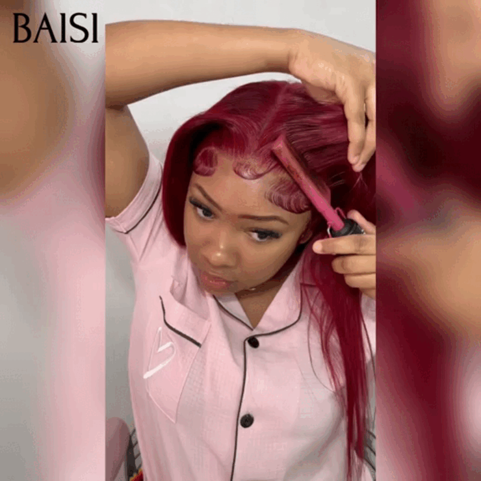 BAISI 13x4 Lace Frontal Perruque Lisse Rouge Bordeaux 20 Pouces 120€ sans colle en 100% Cheveux Humains