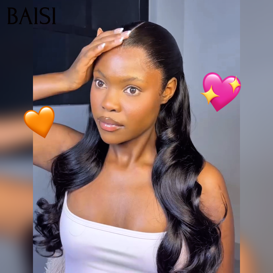 BAISI Sans Colle Prêt-à-porter 13X4 HD lace frontal Perruque Promo 99€ pour revendre long Body wave en NOIR Invisible HD lace 100% Raw Hair en 100% vrais cheveux humains