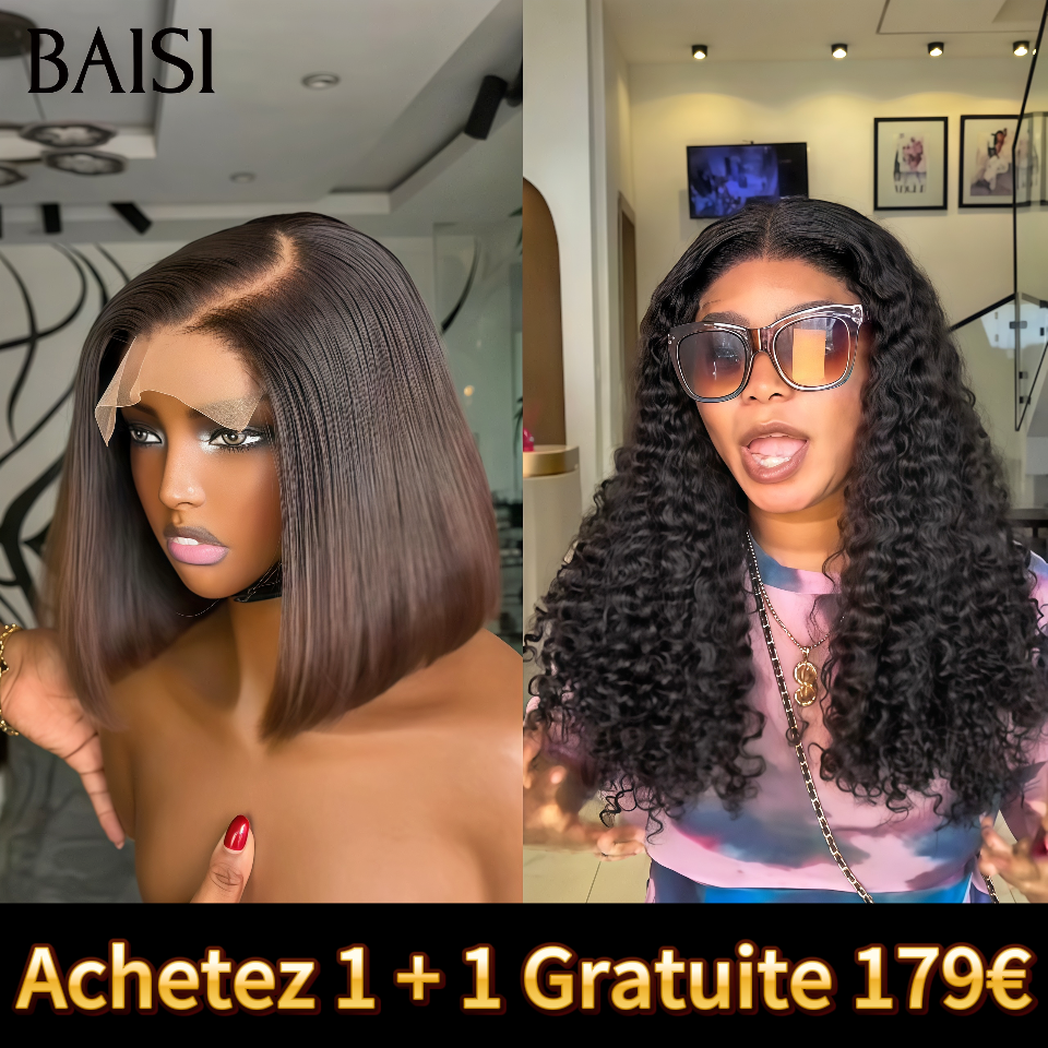 BAISI Achetez 1 + 1 Gratuite 179€ 13x4 Lace frontal curly wave 22 Pouces et 4x4 Lace Lisse BOB 10 Pouces 1BT4# en 100% Cheveux Humains