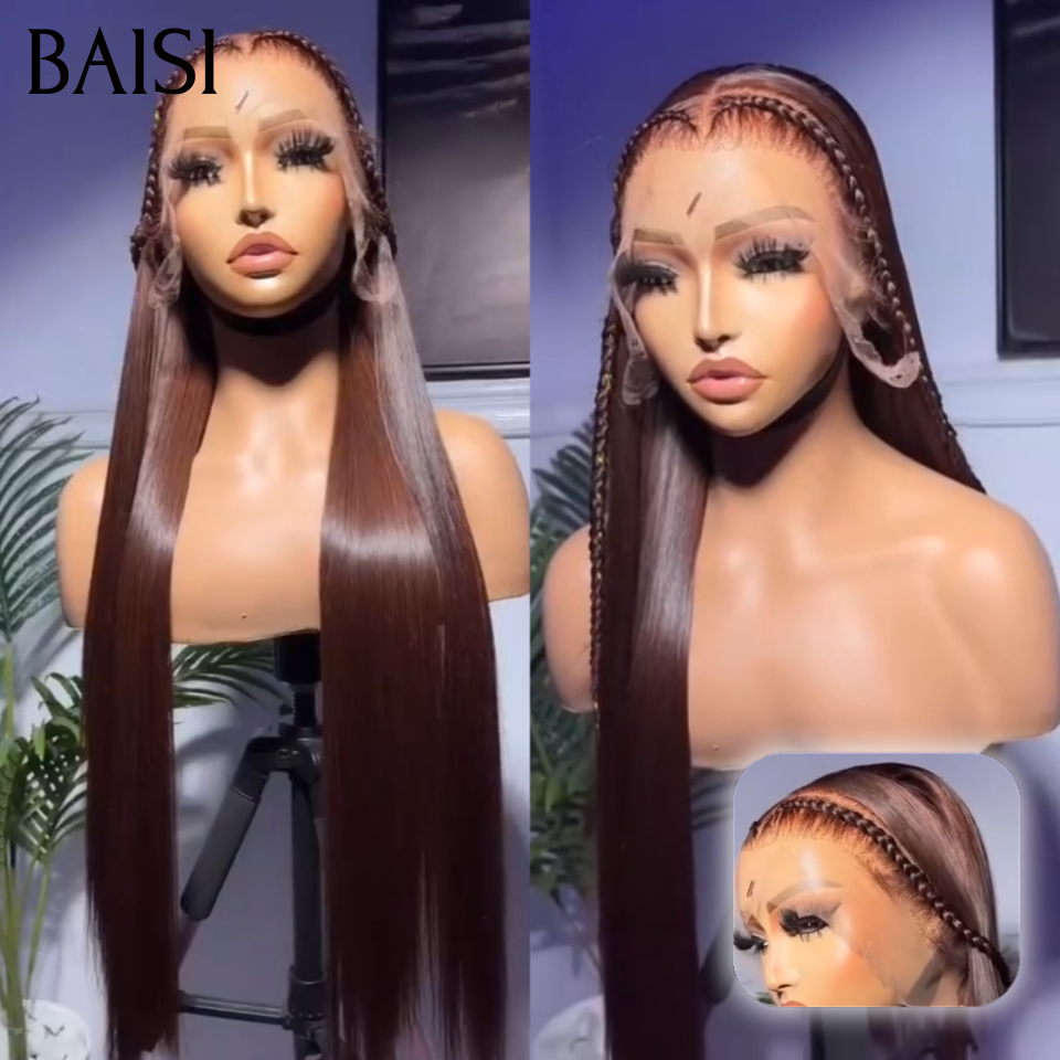 BAISI Perruque 13x4 Lace Frontale Personnalisée Couleur 4# Lisse avec coiffure tressée De Haute Qualité, Livraison Gratuite