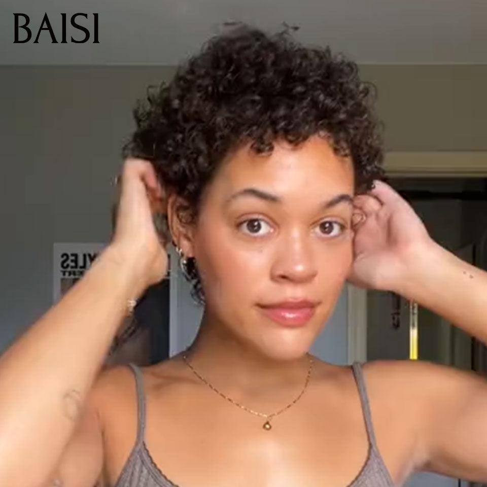 BAISI Prix 48€ Moitié Prix Perruque Pixie curly bouclé Noir sans colle 100% Cheveux Humains Fabriqué à la Machine MP50