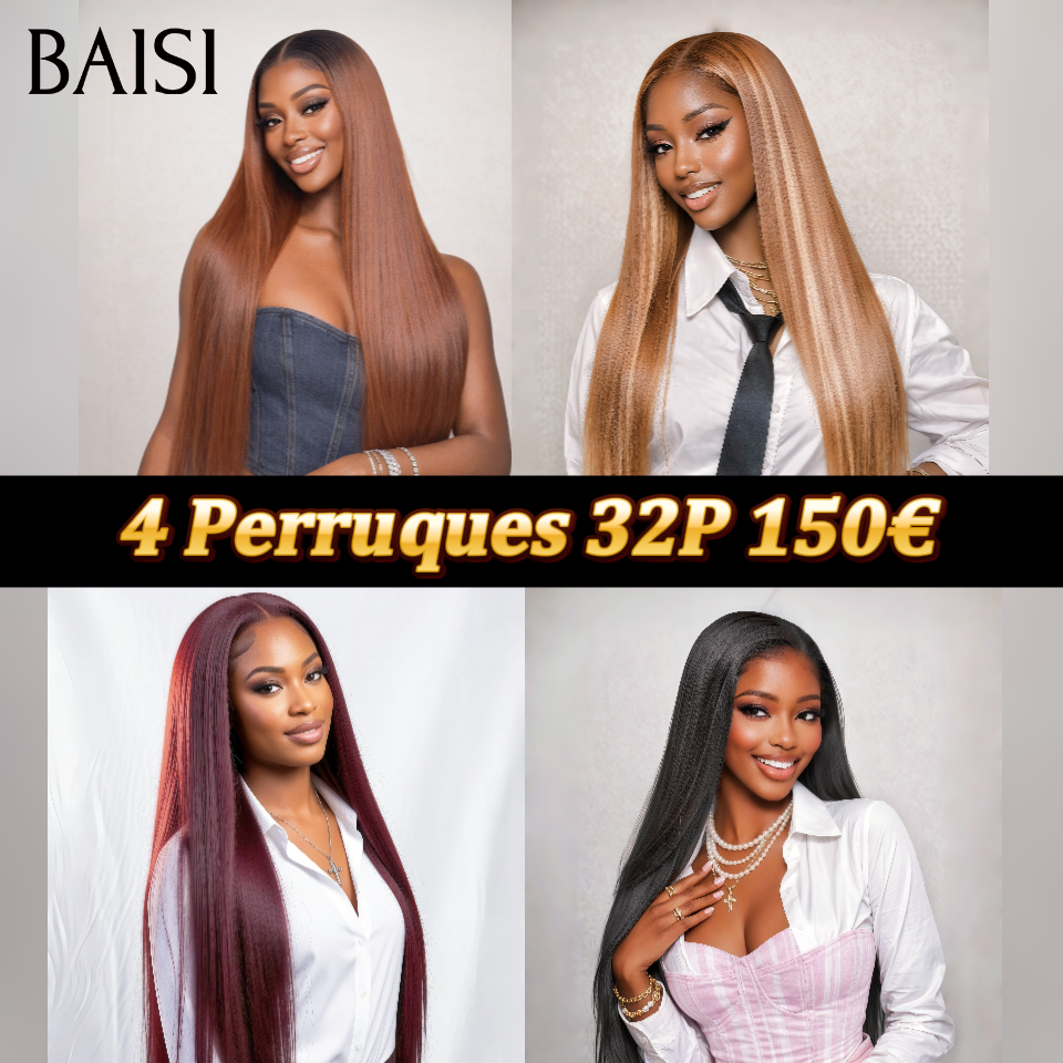 BAISI 4 Perruques 150€ 32 pouces Perruque Vente en gros en 4 couleurs lisse en 100% Blended Cheveux Humains soldes sans retour
