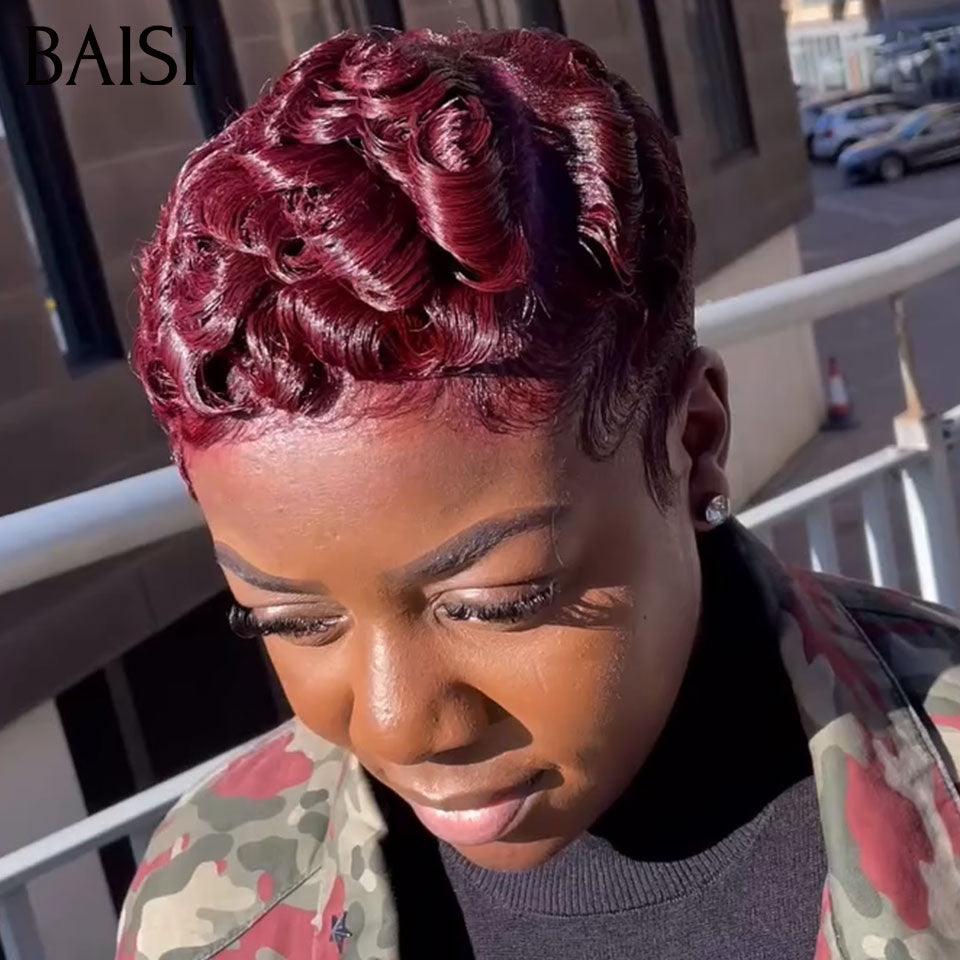 BAISI Perruque Pixie 13x4 lace curly wave ou finger wave sans Colle sans lace Couleurs Bordeaux 99J# en 100% Cheveux Humains
