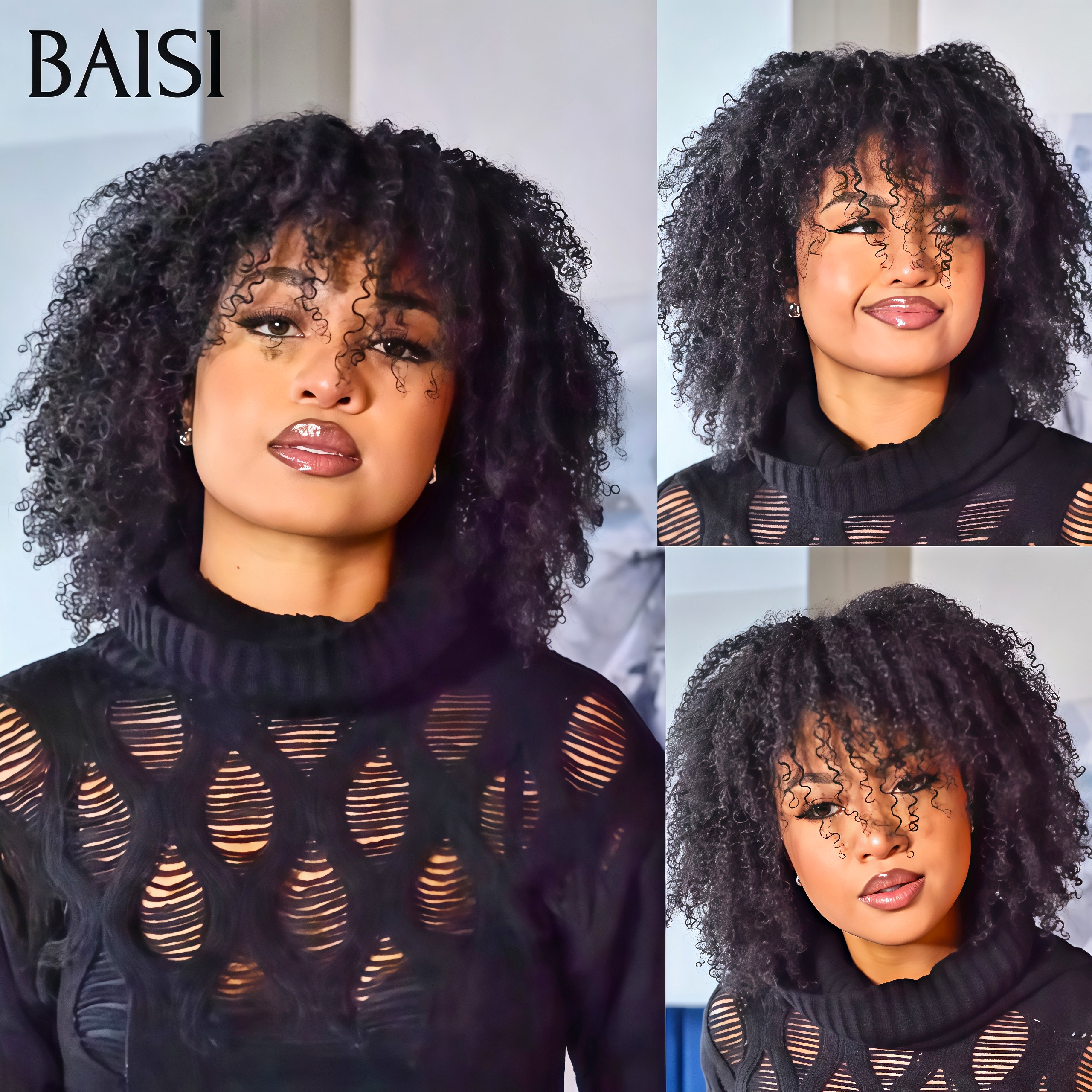 BAISI Perruque curly wave pixie Coupe Noir 6 pouce Sans Colle 59€ ou 12 pouce Prêt-à-porter 80€ Fabriqué à la Machine en 100% Cheveux Humains