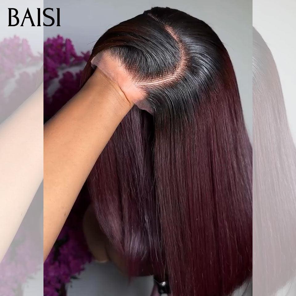 BAISI Perruque 4X4 lace DE luxe Bob Raie sur le côté en couleur Bordeaux 1BT99J# Lisse en 100% Cheveux Humains