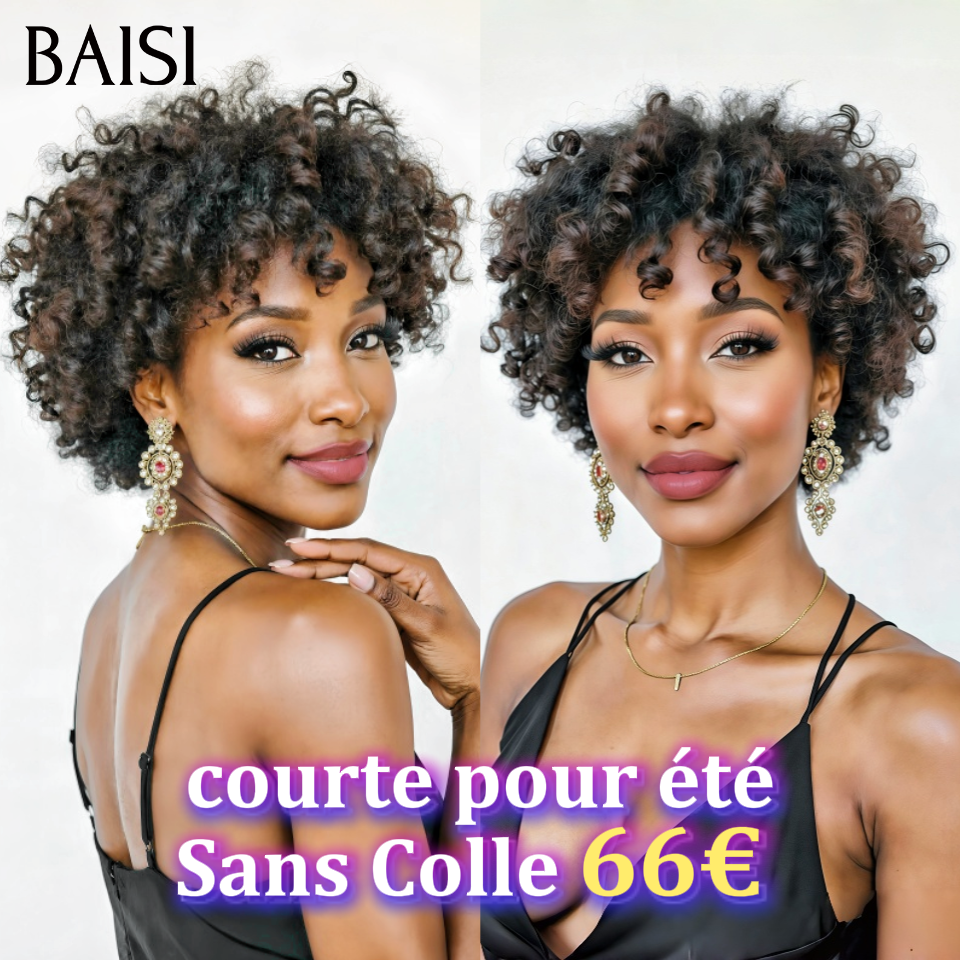 BAISI Perruque afro courte pour été pixie Coupe Noir 6 pouce Sans Colle 66€ Fabriqué à la Machine en 100% Cheveux Humains