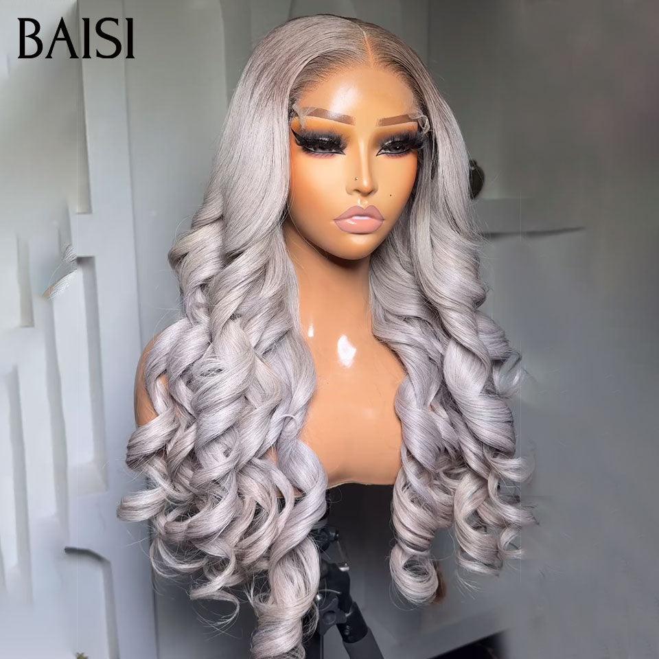 BAISI Collection Poivre et Sel 13x4 Perruque Body Wave Sans Colle en couleur gris Pré-plucked Pas Besoin de Colle en 100% Raw Hair Lace déjà couper