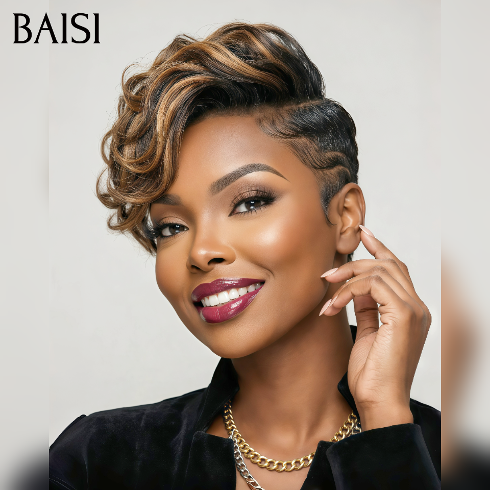 BAISI Perruque pixie 13x4 lace frontal Naturelle wave NOIR Mixte Miel Moitié Prix en 100% cheveux humains