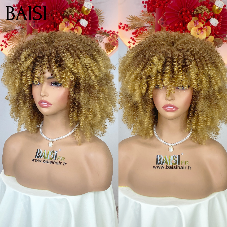 BAISI Perruque BOB afro curly avec Frange 100% Blended Hair 60€ Sans Colle en couleur Miel