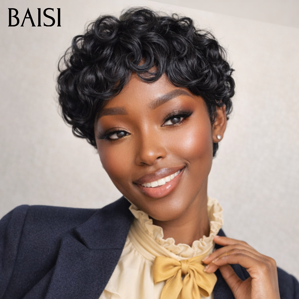 BAISI bob afro riccio 45€ nero senza colla senza pizzo in capelli umani 100% fatto a macchina FR38