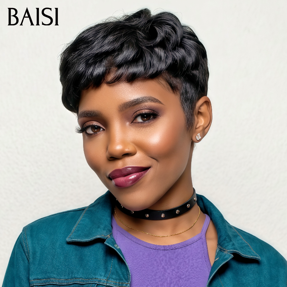 BAISI Perruque pixie Fabriqué à la Machine Perruques personnalisées 49€ sans lace en 100% Cheveux humains BS65