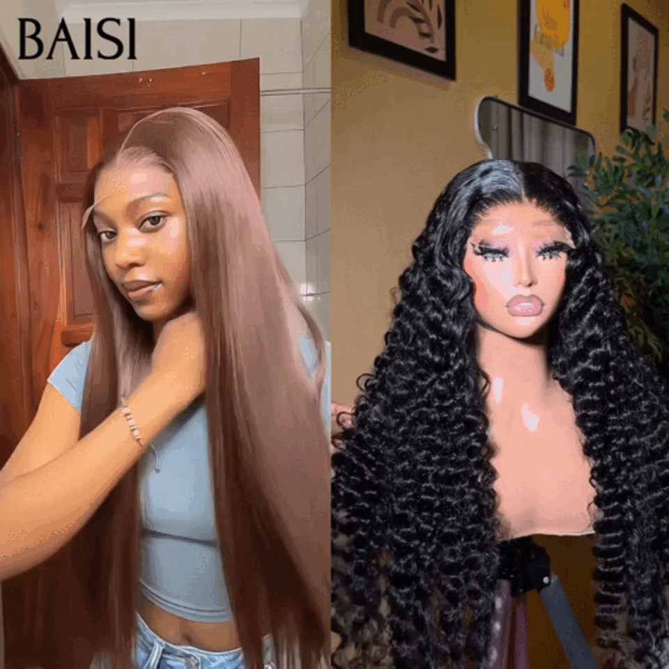 BAISI 2 Perruques 18 pouce 175€ 13x4 Lace frontal deep wave Raw Hair et Lisse Marron en 100% Cheveux Humains