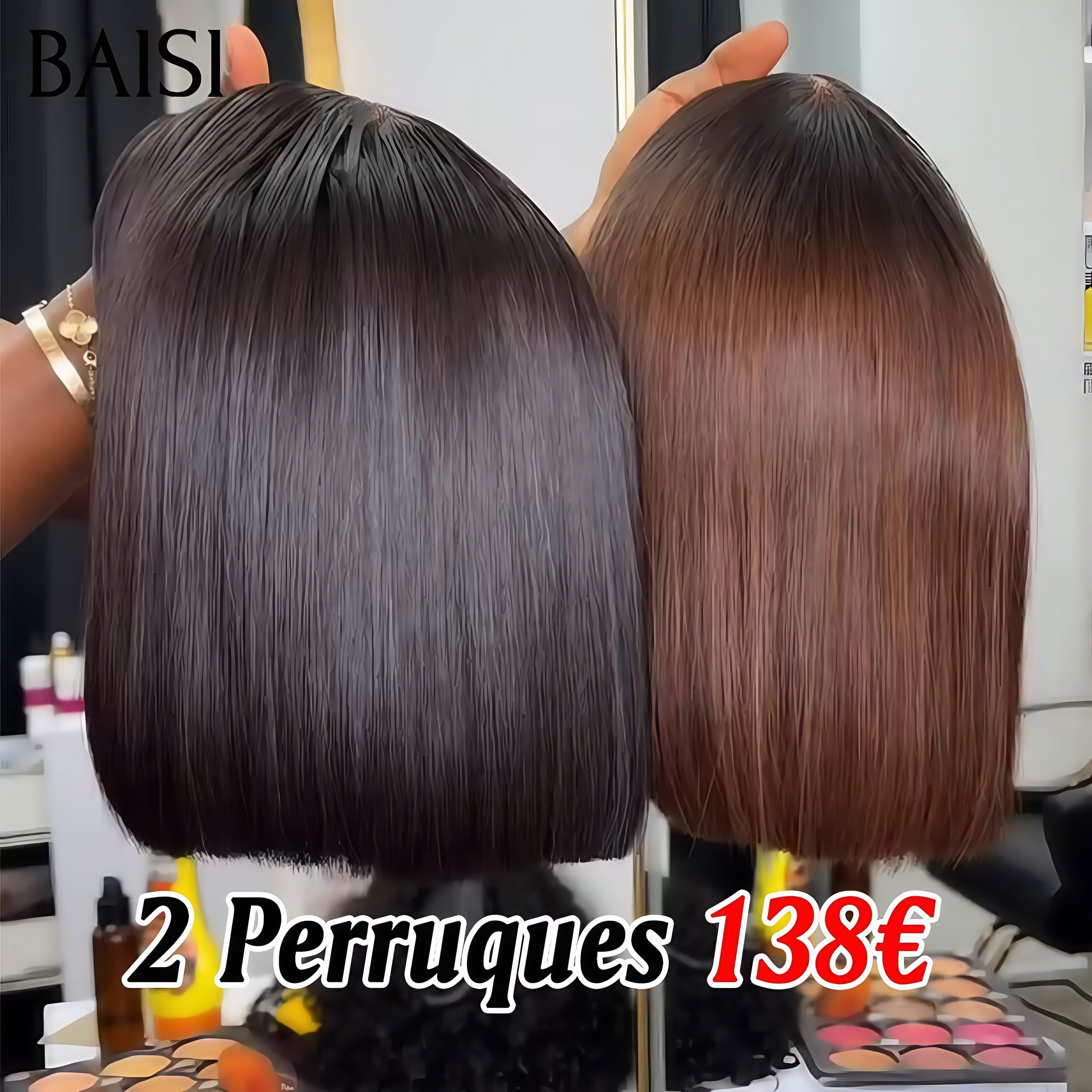 BAISI 2 Perruques pour revendre 138€ Bob 8 Pouces 4X4 lace Lisse Marron et NOIR 200% densité en 100% vrais cheveux humains FR38