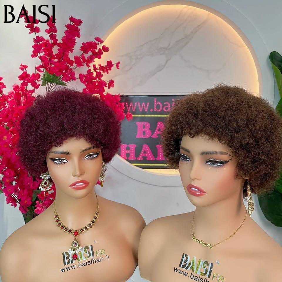 BAISI 2 Couleur Perruques 75€ Pixie Afro sans lace sans colle bouclé partout Marron 4# et bordeaux 99J# en 100% cheveux humains