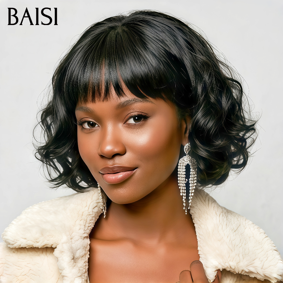 BAISI perruque Bob egg wave ou Curly Wave Avec Frange Noir en 100% cheveux humains