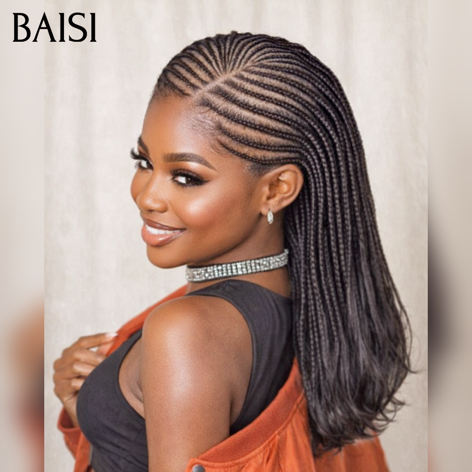 BAISI Perruque avec coiffure tressée natte Promo Moitié Prix 99€ Bob NOIR 14 Pouces facile à porter En 100% cheveux humains
