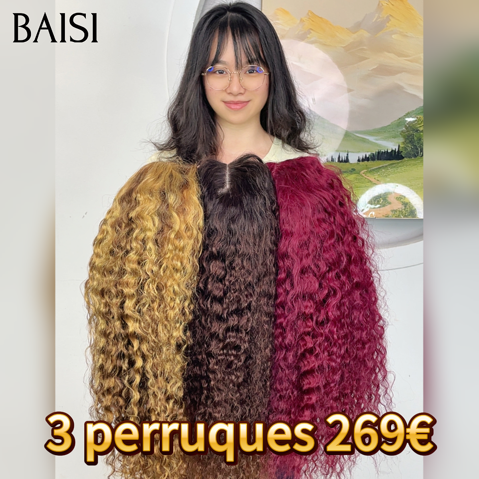 BAISI pour revendre 3 perruques 20 Pouces 269€ 13x4 lace frontal deep wave 3 couleurs mixte et marron et bordeaux en 100% vrais cheveux humains