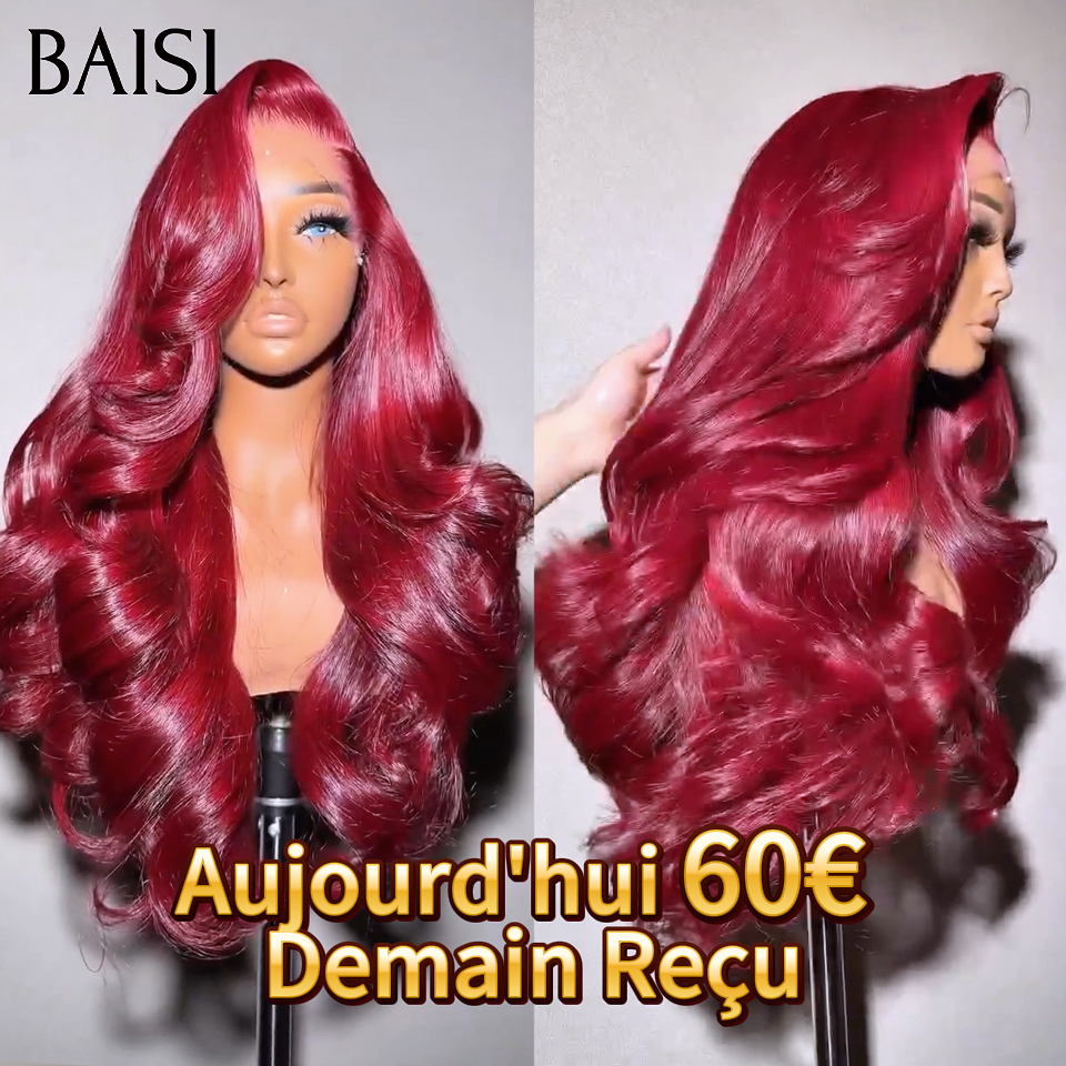 BAISI Promotion 32 pouces 60€ Perruque Moitié Prix body wave en Blended human hair en couleur Bordeaux 99J#