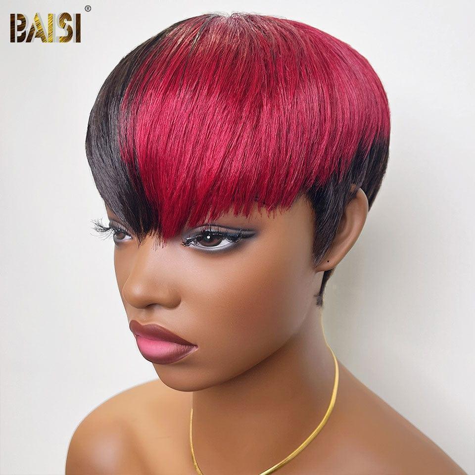 BAISI Peruca Pixie Liso, correspondência especial de cores, em castanho 1BT4# ou mistura laranja/vermelho Bordeaux 99J, em 100% cabelo humano